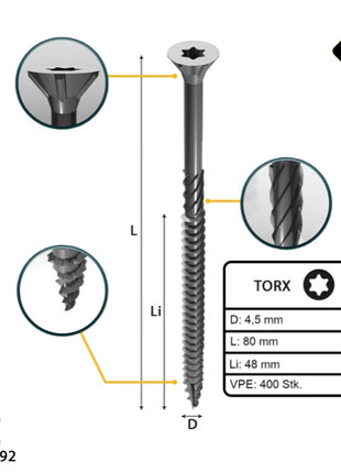 FORTE Tools tornillo universal para madera 4,5 x 80 mm T20 400 piezas (2x 000040113877) galvanizado en plata Torx cabeza avellanada rosca parcial