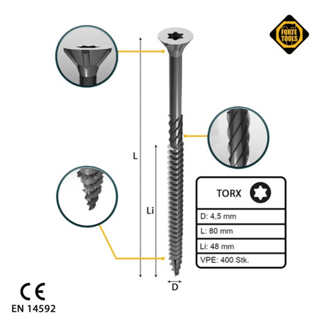 FORTE Tools vis à bois universelle 4,5 x 80 mm T20 400 pièces (2x 000040113877) tête fraisée Torx galvanisée argent filetage partiel