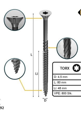 FORTE Tools tornillo universal para madera 4,5 x 80 mm T20 800 piezas (4x 000040113877) galvanizado en plata Torx cabeza avellanada rosca parcial