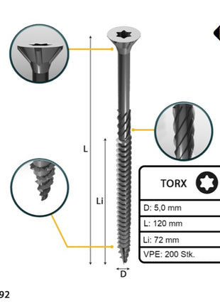 FORTE Tools Tornillo universal para madera 5,0 x 120 mm T25 200 piezas (2x 000040113879) galvanizado en plata Torx cabeza avellanada rosca parcial