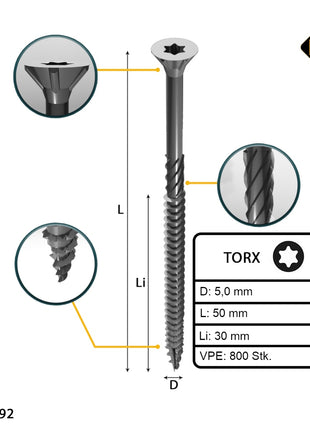 FORTE Tools Universal Holzschraube 5,0 x 50 mm T25 800 Stk. ( 4x 000040113881 ) silber verzinkt Torx Senkkopf Teilgewinde