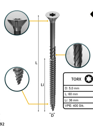 FORTE Tools vis à bois universelle 5,0 x 60 mm T25 400 pièces (2x 000040113882) tête fraisée Torx galvanisée argent filetage partiel