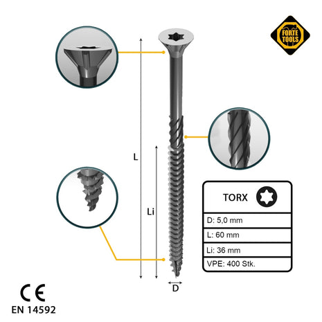 FORTE Tools Universal Holzschraube 5,0 x 60 mm T25 400 Stk. ( 2x 000040113882 ) silber verzinkt Torx Senkkopf Teilgewinde