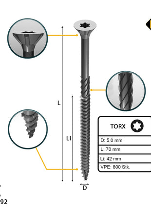 FORTE Tools Universal Holzschraube 5,0 x 70 mm T25 800 Stk. ( 4x 000040113883 ) silber verzinkt Torx Senkkopf Teilgewinde