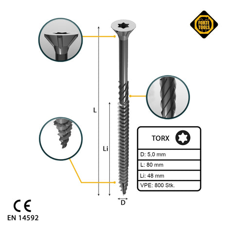 FORTE Tools Universal Holzschraube 5,0 x 80 mm T25 800 Stk. ( 4x 000040113884 ) silber verzinkt Torx Senkkopf Teilgewinde