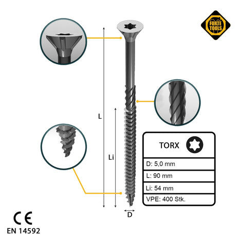 FORTE Tools Universal Holzschraube 5,0 x 90 mm T25 400 Stk. ( 4x 000040113885 ) silber verzinkt Torx Senkkopf Teilgewinde