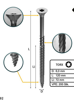 FORTE Tools Universal Holzschraube 6,0 x 120 mm T30 200 Stk. ( 2x 000040113887 ) silber verzinkt Torx Senkkopf Teilgewinde