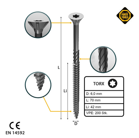 FORTE Tools Vis à bois universelle 6,0 x 70 mm T30 200 pièces (2x 000040113890) tête fraisée Torx galvanisée argent filetage partiel