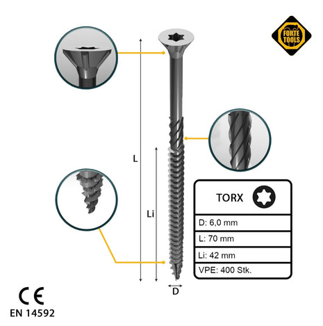 FORTE Tools Vis à bois universelle 6,0 x 70 mm T30 400 pièces (4x 000040113890) tête fraisée Torx galvanisée argent filetage partiel