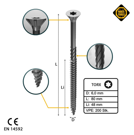 FORTE Tools Vis à bois universelle 6,0 x 80 mm T30 200 pièces (2x 000040113891) tête fraisée Torx galvanisée argent filetage partiel