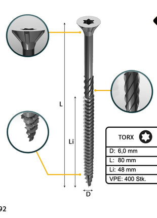 FORTE Tools Universal Holzschraube 6,0 x 80 mm T30 400 Stk. ( 4x 000040113891 ) silber verzinkt Torx Senkkopf Teilgewinde