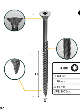 FORTE Tools Universal Holzschraube 6,0 x 90 mm T30 200 Stk. ( 2x 000040113892 ) silber verzinkt Torx Senkkopf Teilgewinde