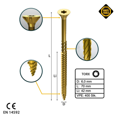 FORTE Tools Vis à bois universelle 6,0 x 70 mm T30 400 pièces (4x 000051399495) tête fraisée Torx galvanisée jaune filetage partiel