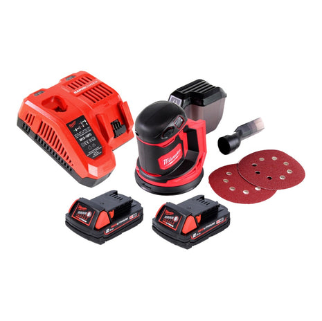 Milwaukee M18 BOS125-202 FC Akku Exzenterschleifer 18 V 125 mm + 2x Akku 2,0 Ah + Ladegerät