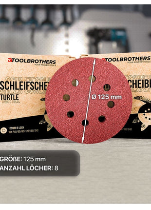 Toolbrothers TURTLE Schleifset 2 Packungen 120x Schleifscheiben 125mm Klett 8 Loch je 20x P40 / P60 / P80 / P120 / P180 / 240 für Hartholz, Weichholz, Lack, Stein, Stahl, Aluminium, Furnier - Toolbrothers