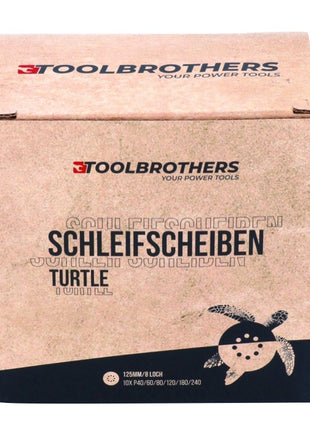 Toolbrothers TURTLE Schleifset 2 Packungen 120x Schleifscheiben 125mm Klett 8 Loch je 20x P40 / P60 / P80 / P120 / P180 / 240 für Hartholz, Weichholz, Lack, Stein, Stahl, Aluminium, Furnier - Toolbrothers