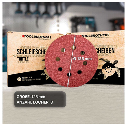 Toolbrothers TURTLE Schleifset 4 Packungen 240x Schleifscheiben 125mm Klett 8 Loch je 40x P40 / P60 / P80 / P120 / P180 / 240 für Hartholz, Weichholz, Lack, Stein, Stahl, Aluminium, Furnier - Toolbrothers