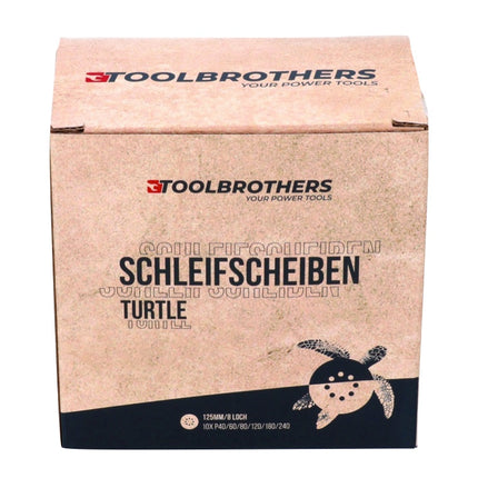 Toolbrothers TURTLE Schleifset 4 Packungen 240x Schleifscheiben 125mm Klett 8 Loch je 40x P40 / P60 / P80 / P120 / P180 / 240 für Hartholz, Weichholz, Lack, Stein, Stahl, Aluminium, Furnier - Toolbrothers