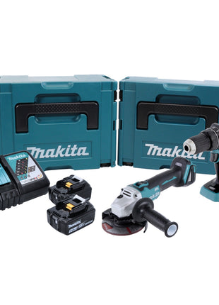 Kit combiné batterie Makita DLX 2126 TJ1 Meuleuse d'angle sur batterie DGA 504 + perceuse à percussion sur batterie DHP 480 + 2x batterie 5,0 Ah + chargeur + 2x Makpac