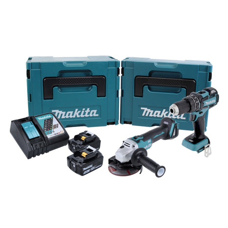 Kit combinado de batería Makita DLX 2126 TJ1 Amoladora angular de batería DGA 504 + Taladro percutor de batería DHP 480 + 2x batería 5.0 Ah + cargador + 2x Makpac