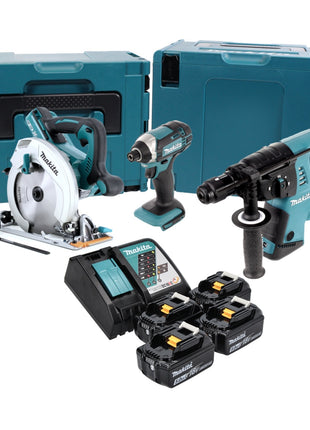 Makita DLX 3049 PTJ Akku Combo Kit DHR 264 Akku-Bohrhammer + DHS 710 Akku Handkreissäge + DTD 152 Akku Schlagschrauber + 4x Akku 5,0 Ah + Ladegerät + 2x Makpac