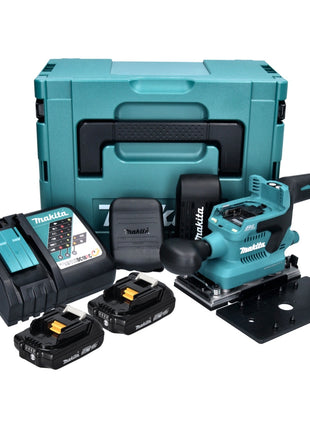 Makita DBO 380 RAJ Akku Schwingschleifer 18 V 93 x 185 mm Brushless + 2x Akku 2,0 Ah + Ladegerät + Makpac