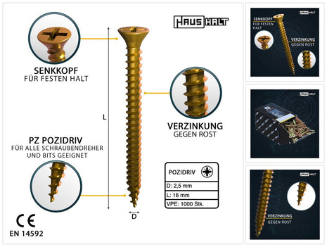 HausHalt Vis universelle pour la construction en bois, vis à bois 2,5 x 16 mm PZ1 1000 pièces (000051371121) jaune galvanisé fente cruciforme Pozidriv tête fraisée filetage complet