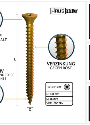 HausHalt Universal Holzbauschraube Holzschraube 3,0 x 35 mm PZ1 500 Stk. ( 000051371128 ) gelb verzinkt Kreuzschlitz Pozidriv Senkkopf Vollgewinde - Toolbrothers