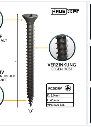 HausHalt Universal Holzbauschraube Holzschraube 3,0 x 40 mm PZ1 500 Stk. ( 000051371100 ) silber verzinkt Kreuzschlitz Pozidriv Senkkopf Vollgewinde - Toolbrothers