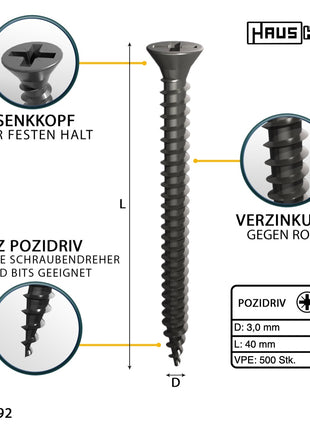 HausHalt Universal Holzbauschraube Holzschraube 3,0 x 40 mm PZ1 500 Stk. ( 000051371100 ) silber verzinkt Kreuzschlitz Pozidriv Senkkopf Vollgewinde - Toolbrothers