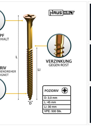 HausHalt Universal Holzbauschraube Holzschraube 3,0 x 45 mm PZ1 500 Stk. ( 000051371129 ) gelb verzinkt Kreuzschlitz Pozidriv Senkkopf Teilgewinde - Toolbrothers