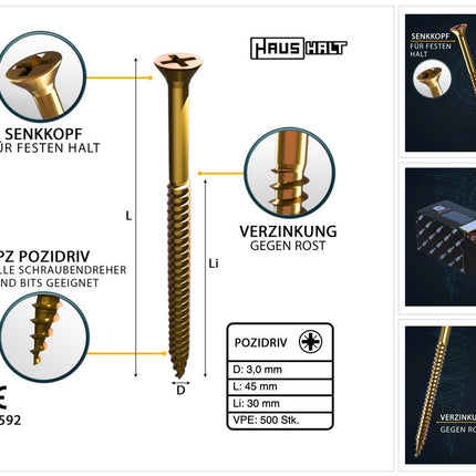 HausHalt Universal Holzbauschraube Holzschraube 3,0 x 45 mm PZ1 500 Stk. ( 000051371129 ) gelb verzinkt Kreuzschlitz Pozidriv Senkkopf Teilgewinde - Toolbrothers