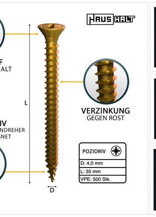 HausHalt Universal Holzbauschraube Holzschraube 4,0 x 35 mm PZ2 500 Stk. ( 000051371145 ) gelb verzinkt Kreuzschlitz Pozidriv Senkkopf Vollgewinde