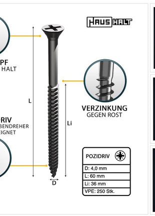 HausHalt Universal Holzbauschraube Holzschraube 4,0 x 60 mm PZ2 250 Stk. ( 000051371154 ) silber verzinkt Kreuzschlitz Pozidriv Senkkopf Teilgewinde - Toolbrothers