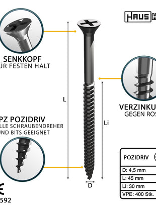 HausHalt Universal Holzbauschraube Holzschraube 4,5 x 45 mm PZ2 400 Stk. ( 000051371170 ) silber verzinkt Kreuzschlitz Pozidriv Senkkopf Teilgewinde - Toolbrothers