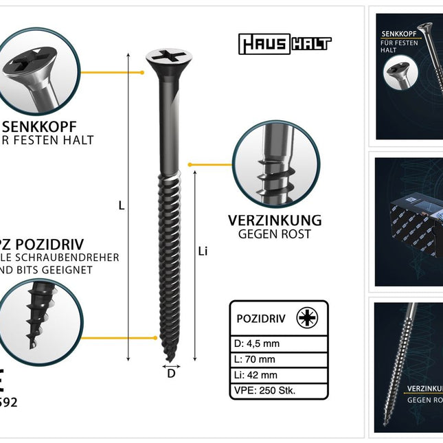HausHalt Universal Holzbauschraube Holzschraube 4,5 x 70 mm PZ2 250 Stk. ( 000051371177 ) silber verzinkt Kreuzschlitz Pozidriv Senkkopf Teilgewinde - Toolbrothers