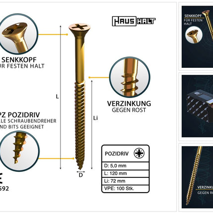 HausHalt Universal Holzbauschraube Holzschraube 5,0 x 120 mm PZ2 100 Stk. ( 000051371186 ) gelb verzinkt Kreuzschlitz Pozidriv Senkkopf Teilgewinde - Toolbrothers