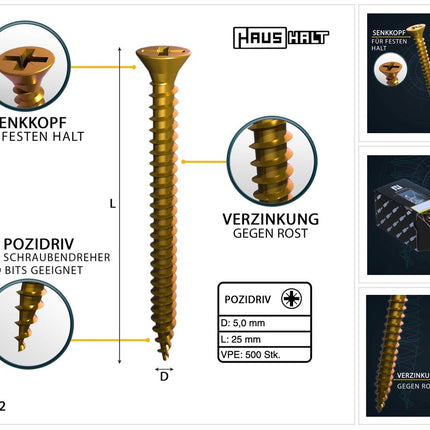 HausHalt Universal Holzbauschraube Holzschraube 5,0 x 25 mm PZ2 500 Stk. ( 000051371188 ) gelb verzinkt Kreuzschlitz Pozidriv Senkkopf Vollgewinde - Toolbrothers