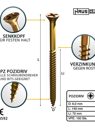 HausHalt Universal Holzbauschraube Holzschraube 6,0 x 140 mm PZ3 100 Stk. ( 000051371217 ) gelb verzinkt Kreuzschlitz Pozidriv Senkkopf Teilgewinde - Toolbrothers