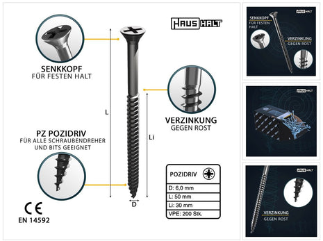 HausHalt Universal Holzbauschraube Holzschraube 6,0 x 50 mm PZ3 200 Stk. ( 000051371227 ) silber verzinkt Kreuzschlitz Pozidriv Senkkopf Teilgewinde - Toolbrothers