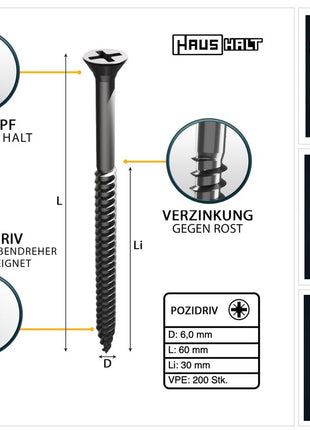 HausHalt Universal Holzbauschraube Holzschraube 6,0 x 60 mm PZ3 200 Stk. ( 000051371229 ) silber verzinkt Kreuzschlitz Pozidriv Senkkopf Teilgewinde - Toolbrothers