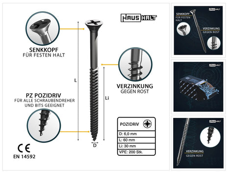 HausHalt Universal Holzbauschraube Holzschraube 6,0 x 60 mm PZ3 200 Stk. ( 000051371229 ) silber verzinkt Kreuzschlitz Pozidriv Senkkopf Teilgewinde - Toolbrothers