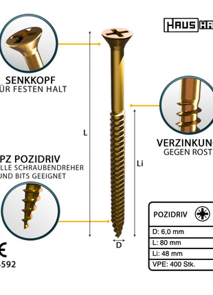 HausHalt Universal Holzbauschraube Holzschraube 6,0 x 80 mm PZ3 400 Stk. ( 2x 000051371233 ) gelb verzinkt Kreuzschlitz Pozidriv Senkkopf Teilgewinde - Toolbrothers