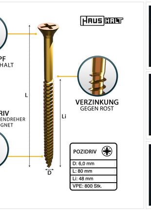 HausHalt Universal Holzbauschraube Holzschraube 6,0 x 80 mm PZ3 800 Stk. ( 4x 000051371233 ) gelb verzinkt Kreuzschlitz Pozidriv Senkkopf Vollgewinde - Toolbrothers