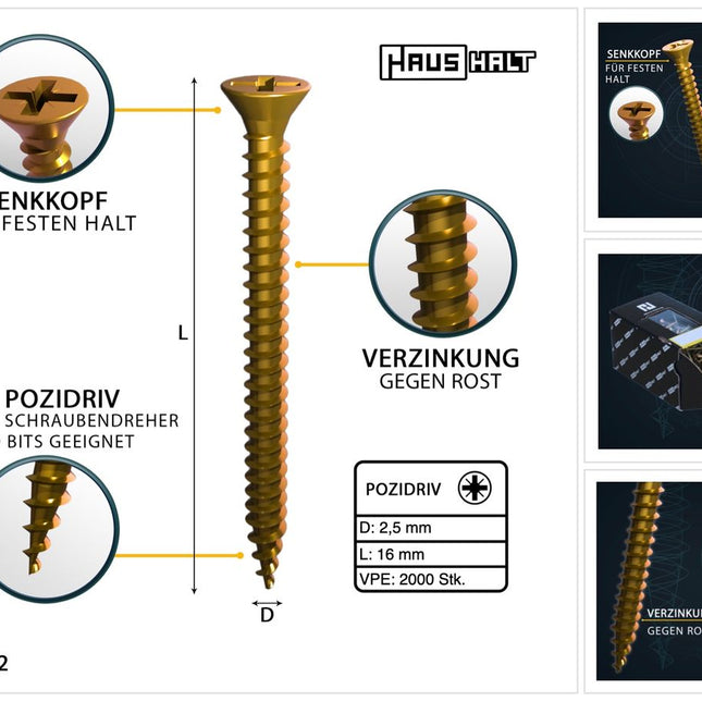 HausHalt Universal Holzbauschraube Holzschraube 2,5 x 16 mm PZ1 2000 Stk. ( 2x 000051371121 ) gelb verzinkt Kreuzschlitz Pozidriv Senkkopf Vollgewinde