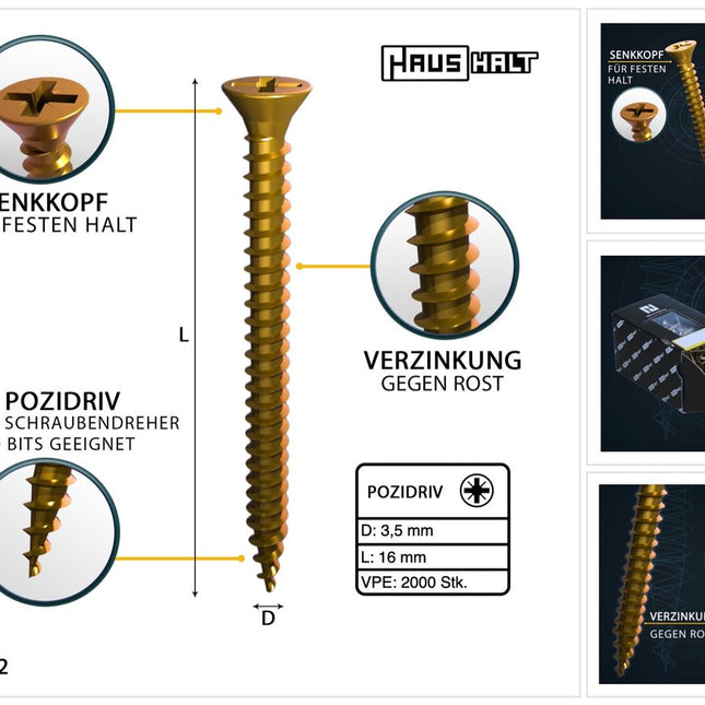 HausHalt Universal Holzbauschraube Holzschraube 3,5 x 16 mm PZ2 2000 Stk. ( 2x 000051371131 ) gelb verzinkt Kreuzschlitz Pozidriv Senkkopf Vollgewinde - Toolbrothers