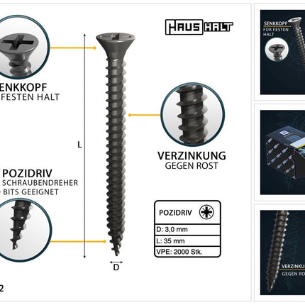 HausHalt Universal Holzbauschraube Holzschraube 3,0 x 35 mm PZ1 2000 Stk. ( 4x 000051371099 ) silber verzinkt Kreuzschlitz Pozidriv Senkkopf Vollgewinde