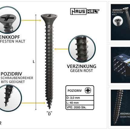 HausHalt Universal Holzbauschraube Holzschraube 3,0 x 40 mm PZ1 2000 Stk. ( 4x 000051371100 ) silber verzinkt Kreuzschlitz Pozidriv Senkkopf Vollgewinde - Toolbrothers