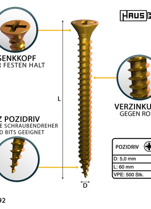 HausHalt Vis universelle pour la construction en bois Vis à bois 5,0 x 60 mm PZ2 500 pièces (2x 000051371202) jaune galvanisé fente cruciforme Pozidriv tête fraisée filetage complet