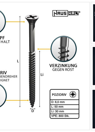 HausHalt Universal Holzbauschraube Holzschraube 6,0 x 50 mm PZ3 800 Stk. ( 4x 000051371227 ) silber verzinkt Kreuzschlitz Pozidriv Senkkopf Teilgewinde - Toolbrothers